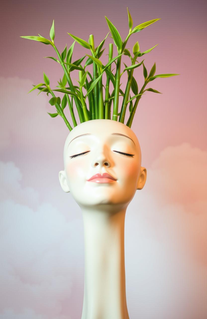 A surreal portrait featuring a head with vibrant green bamboo growing out of the top