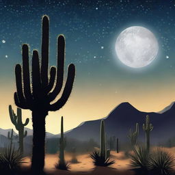 A hyper-realistic illustration of a desert night scene filled with silhouettes of towering cacti under the silvery moonlight. The sky saturated with stars forming a breathtaking luminous landscape.