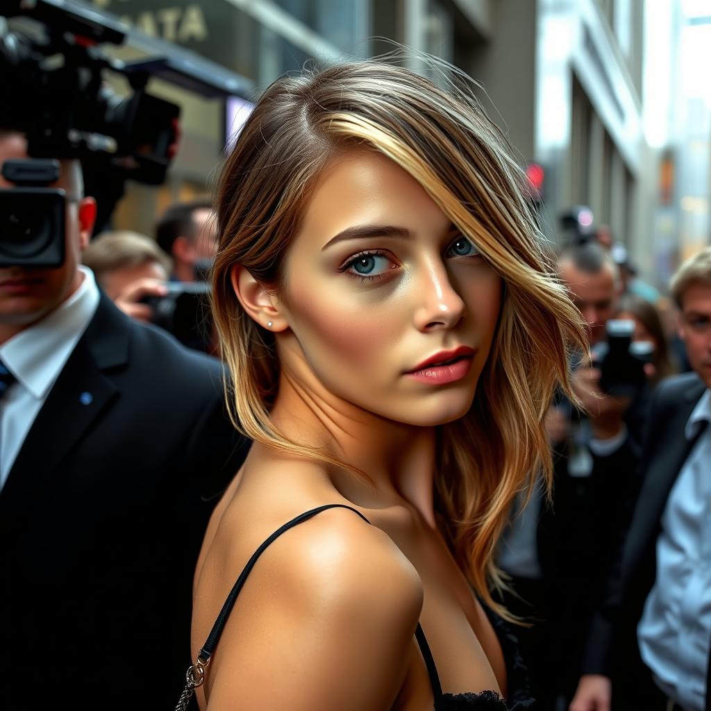 A glamorous rich young girl with dark blonde hair and striking light eyes, portrayed from the waist up