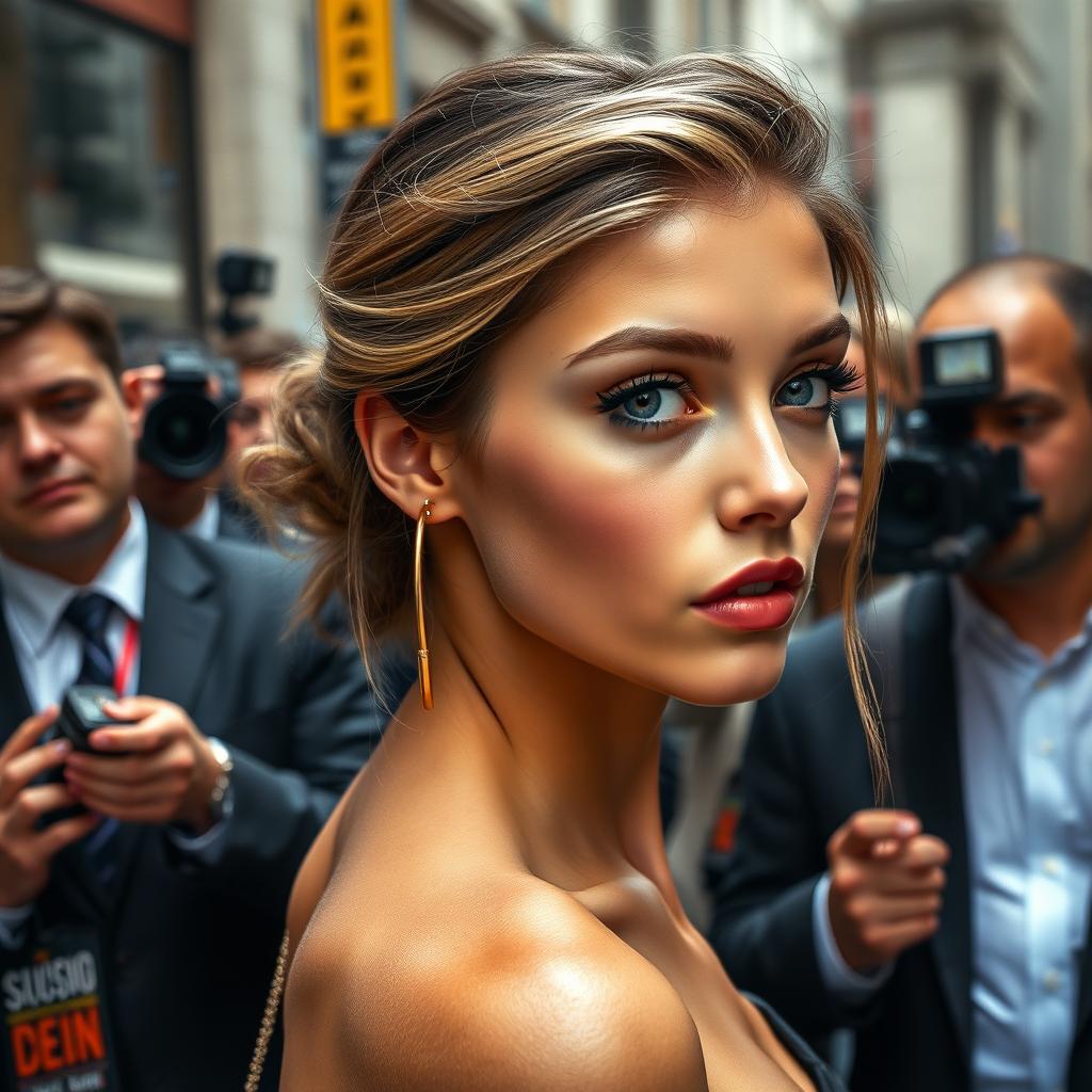 A glamorous rich young girl with dark blonde hair and captivating light eyes, depicted from the waist up