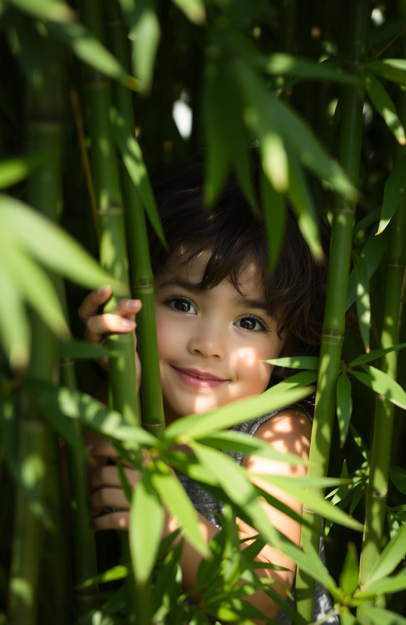 A serene and enchanting scene of a young girl playfully hiding amidst lush green bamboo