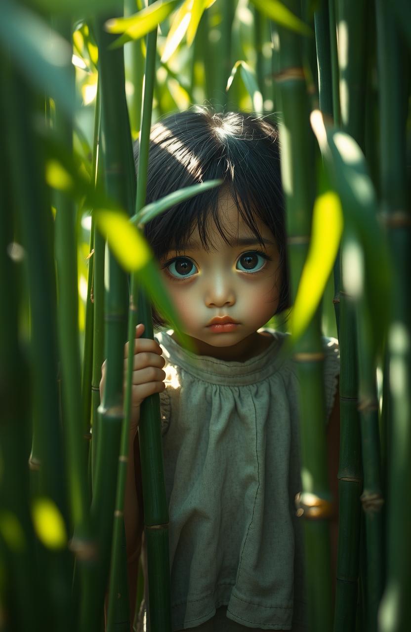 A poignant scene of a sad little girl hiding in a dense bamboo grove