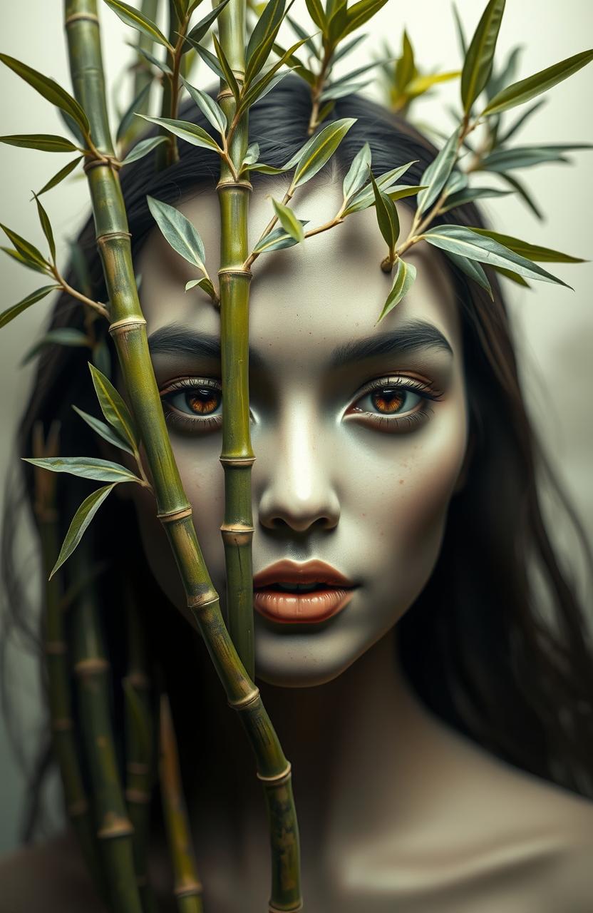 A surreal portrait of a human face with lush bamboo stalks growing dramatically out of it, intertwining with the facial features, creating an enchanting fusion of nature and human elements