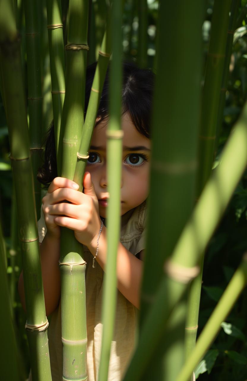A scared girl hiding among tall green bamboo stalks, her wide eyes reflecting fear