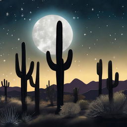 A hyper-realistic illustration of a desert night scene filled with silhouettes of towering cacti under the silvery moonlight. The sky saturated with stars forming a breathtaking luminous landscape.