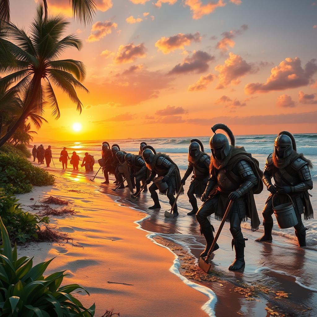 A dramatic scene depicting Spanish conquerors in the 16th century, searching for gold along a pristine beach in Central America