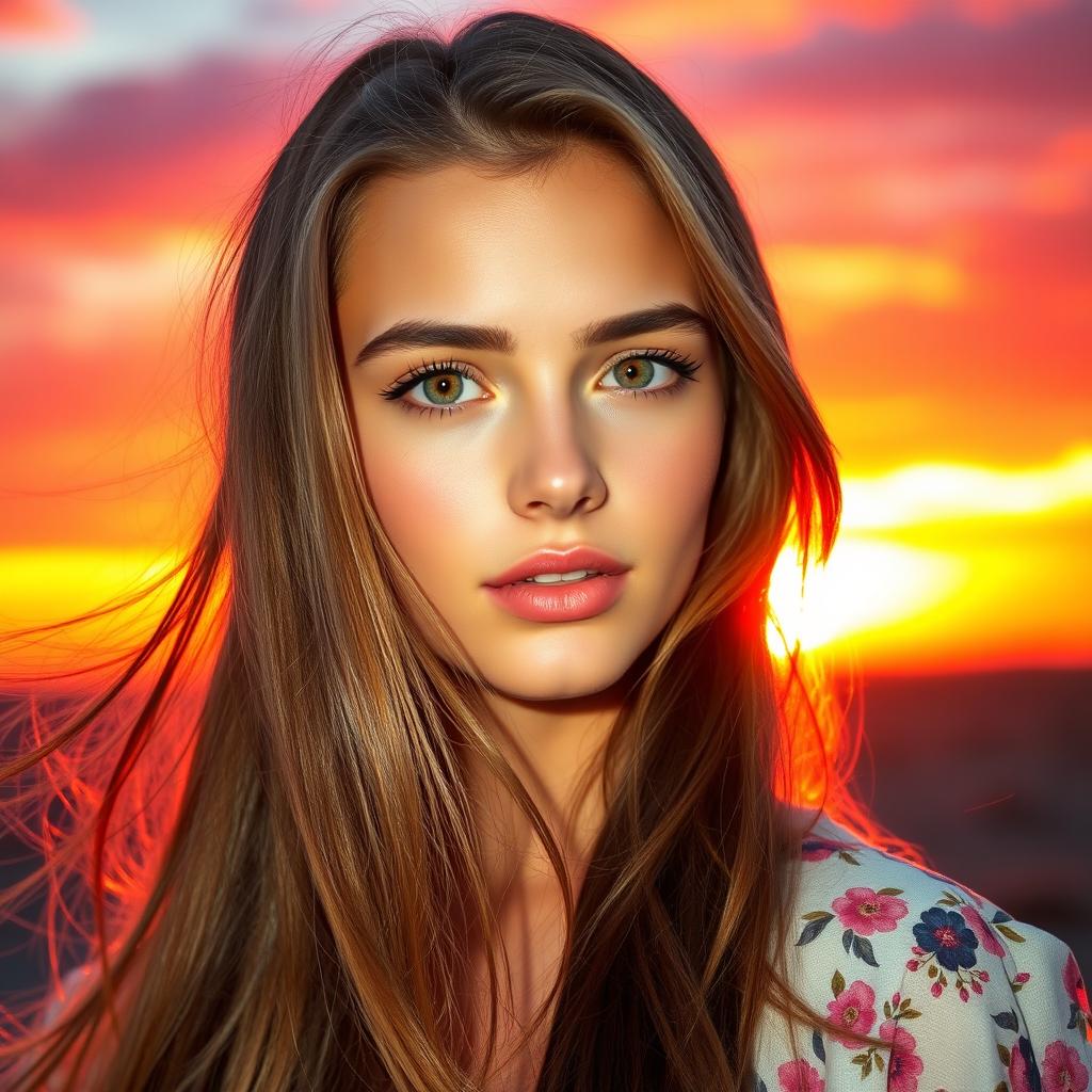 A beautiful young woman with flowing long hair, standing against a vibrant sunset background