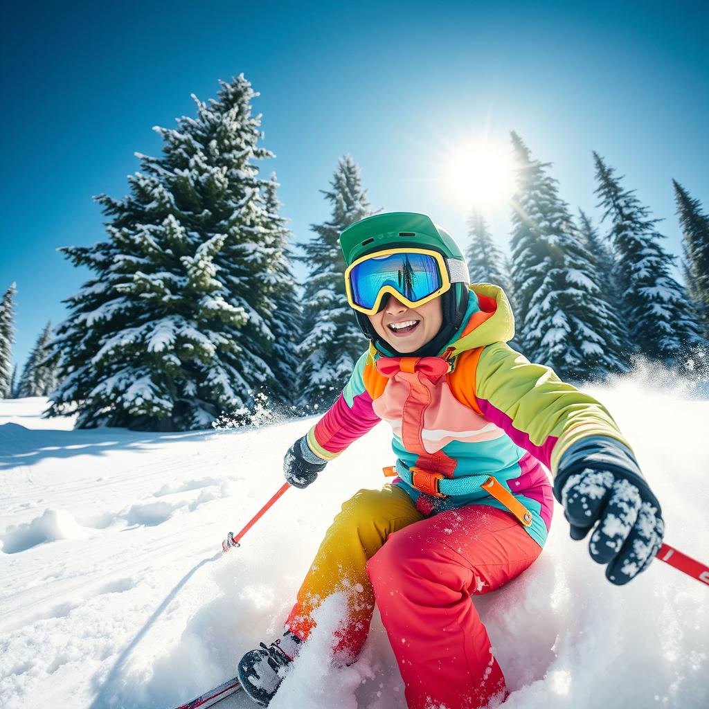A vibrant scene of a person skiing down a snowy mountain slope, wearing colorful ski gear