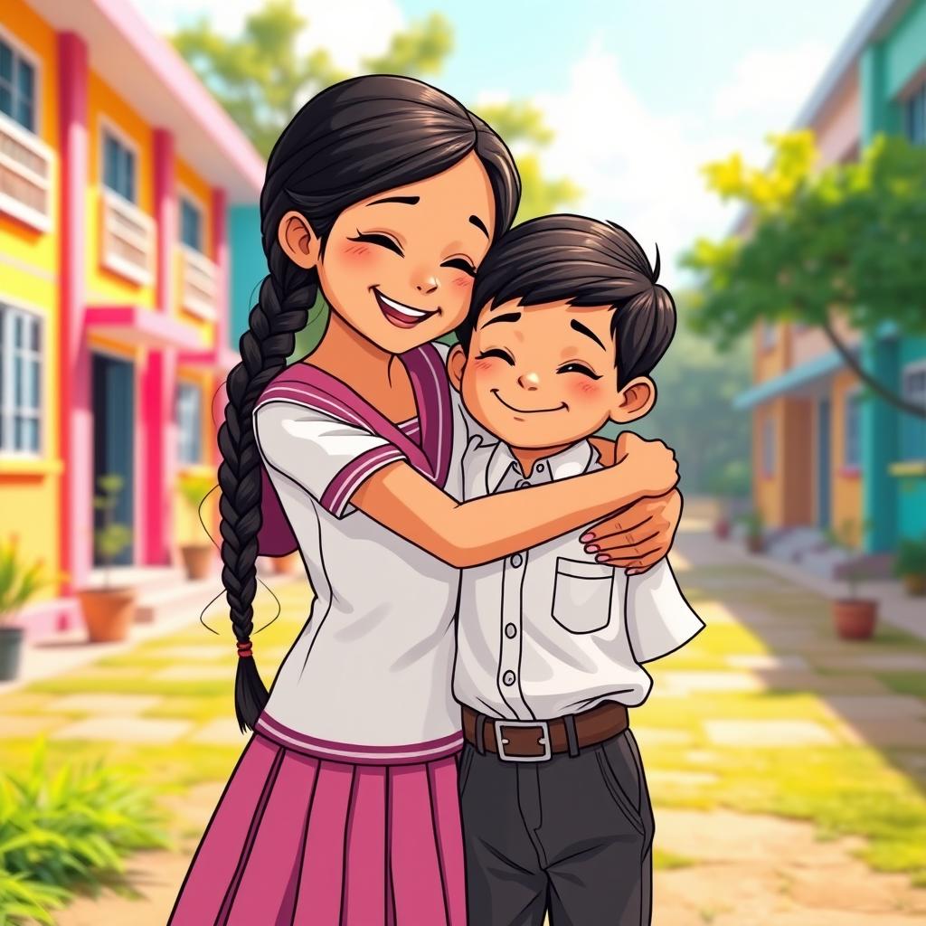 A heartwarming scene of an Indian school girl hugging a boy in a cheerful schoolyard