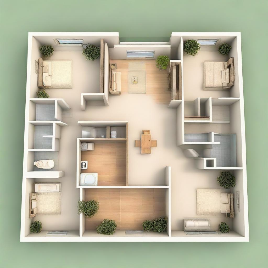 A detailed floor plan of a 3-bedroom, 2-bathroom house, designed in a manner to facilitate easy heating. Include open living room, insulated walls, centrally located heating sources, and efficient pathways for heat distribution.