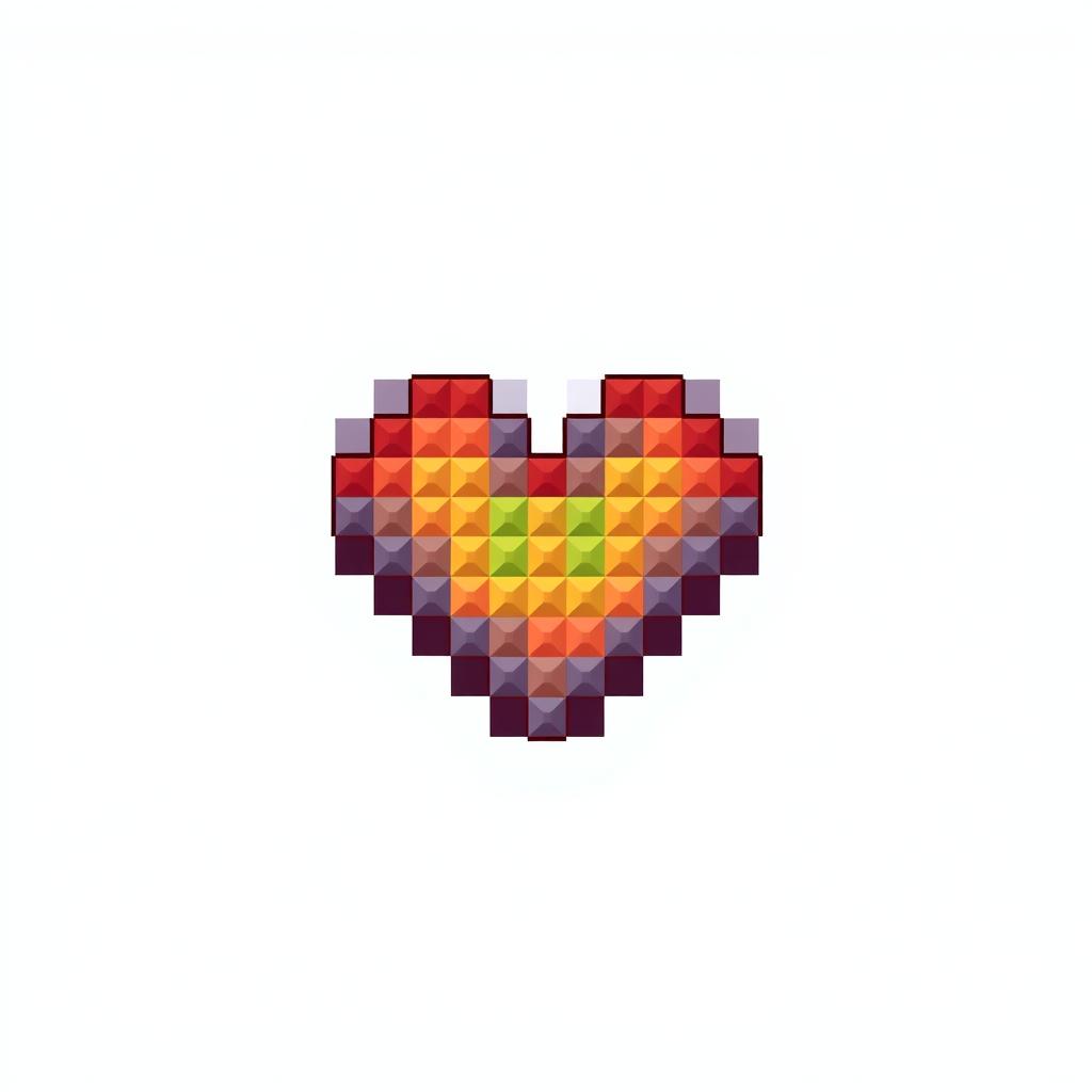 A symmetrical pixel heart composed of 98 identical pixels, perfectly aligned to form a clear and vibrant heart shape