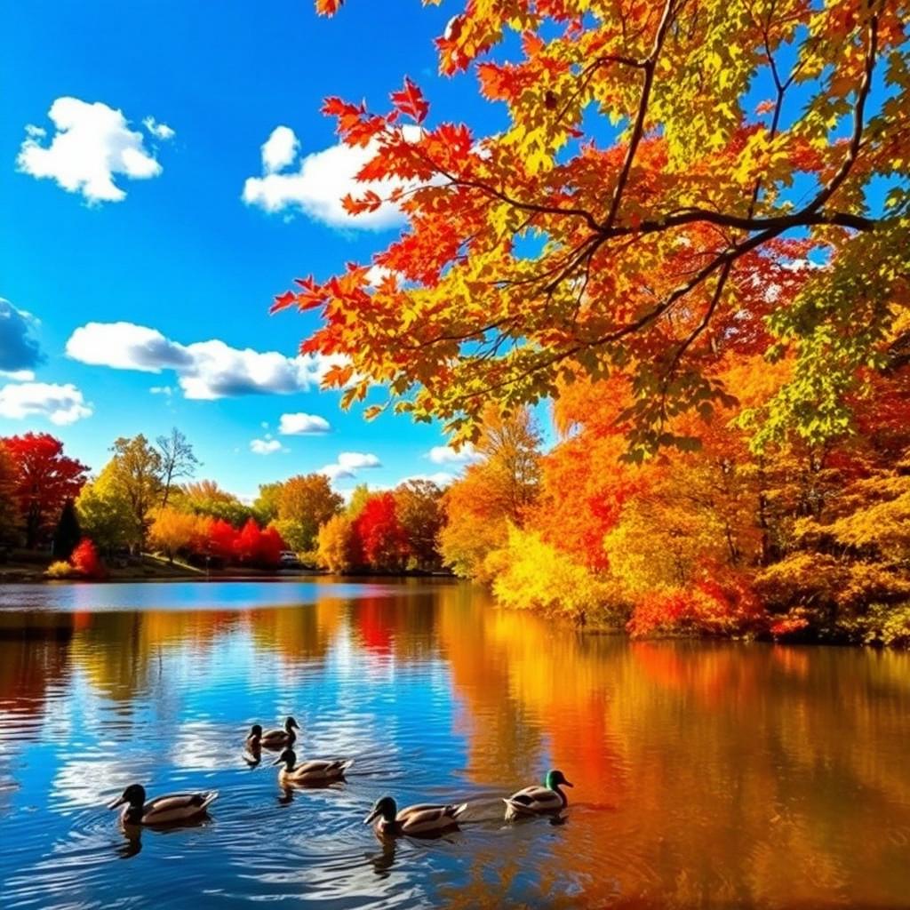 A vibrant autumn landscape featuring a serene lake reflecting the colorful fall foliage of orange, red, and yellow trees