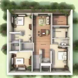 A detailed floor plan of a 3-bedroom, 2-bathroom house, designed in a manner to facilitate easy heating. Include open living room, insulated walls, centrally located heating sources, and efficient pathways for heat distribution.