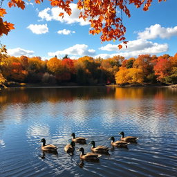 A vibrant autumn landscape featuring a serene lake reflecting the colorful fall foliage of orange, red, and yellow trees