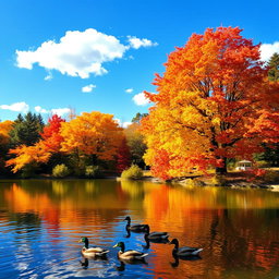 A vibrant autumn landscape featuring a serene lake reflecting the colorful fall foliage of orange, red, and yellow trees
