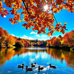 A vibrant autumn landscape featuring a serene lake reflecting the colorful fall foliage of orange, red, and yellow trees