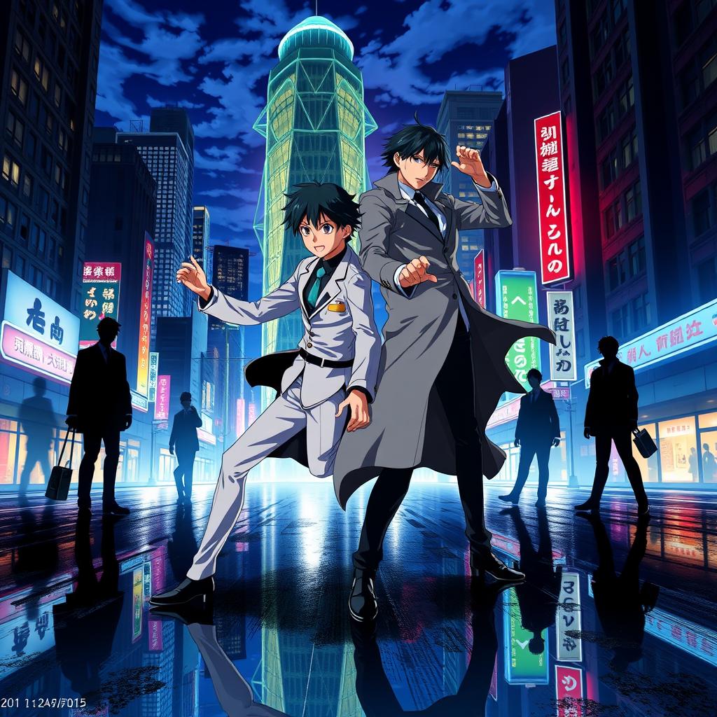 A dynamic and vibrant fan art scene from the anime 'Bungou Stray Dogs' featuring the main characters, Atsushi Nakajima and Osamu Dazai, in an action-packed pose surrounded by a city skyline at night