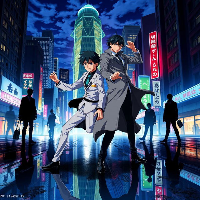 A dynamic and vibrant fan art scene from the anime 'Bungou Stray Dogs' featuring the main characters, Atsushi Nakajima and Osamu Dazai, in an action-packed pose surrounded by a city skyline at night