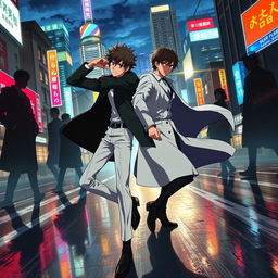 A dynamic and vibrant fan art scene from the anime 'Bungou Stray Dogs' featuring the main characters, Atsushi Nakajima and Osamu Dazai, in an action-packed pose surrounded by a city skyline at night