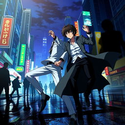 A dynamic and vibrant fan art scene from the anime 'Bungou Stray Dogs' featuring the main characters, Atsushi Nakajima and Osamu Dazai, in an action-packed pose surrounded by a city skyline at night