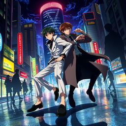A dynamic and vibrant fan art scene from the anime 'Bungou Stray Dogs' featuring the main characters, Atsushi Nakajima and Osamu Dazai, in an action-packed pose surrounded by a city skyline at night