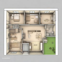 A detailed floor plan of a 3-bedroom, 2-bathroom house, designed in a manner to facilitate easy heating. Include open living room, insulated walls, centrally located heating sources, and efficient pathways for heat distribution.