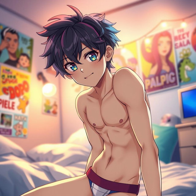 A good looking anime boy with striking features, styled with colorful hair and bright eyes, wearing stylish underwear