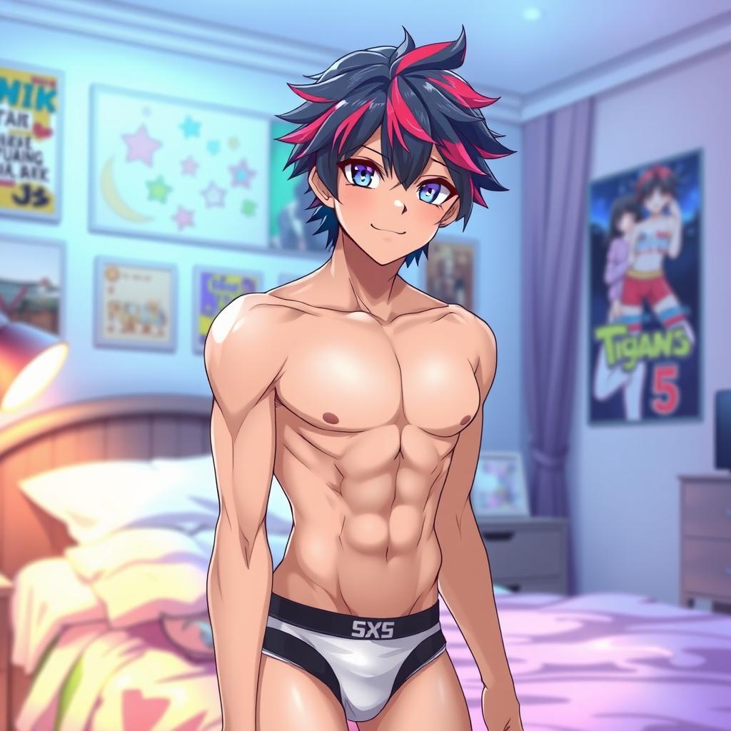 A good looking anime boy with striking features, styled with colorful hair and bright eyes, wearing stylish underwear