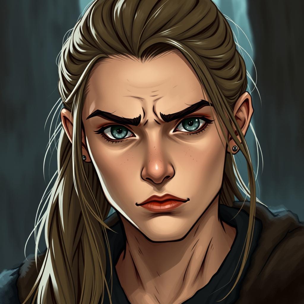 A 30-year-old human Dungeons and Dragons character with long hair tied back in a ponytail, displaying striking gray pupils that convey a sense of weariness and deep contemplation