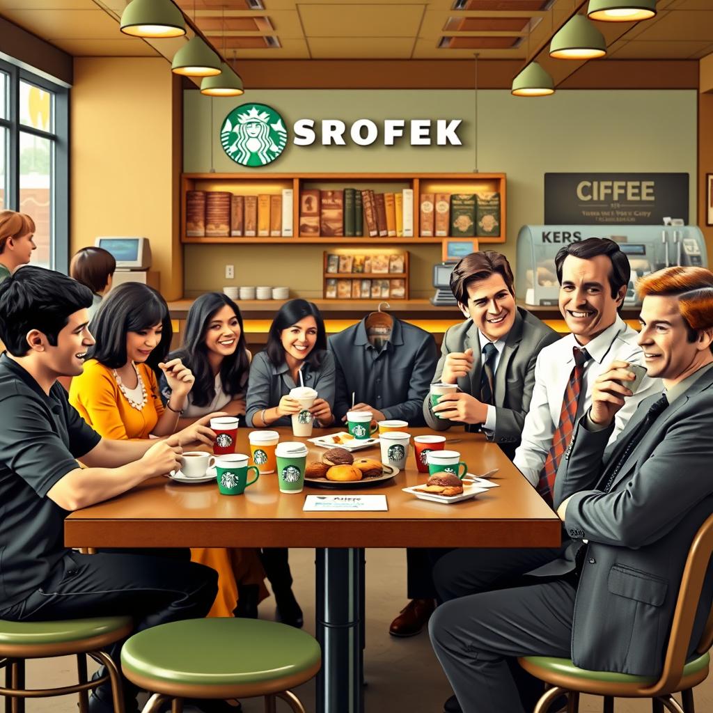 A vibrant and lively coffee shop scene at Starbucks featuring iconic characters from 'Friends', 'Taarak Mehta Ka Ooltah Chashmah', 'How I Met Your Mother', and 'The Office'