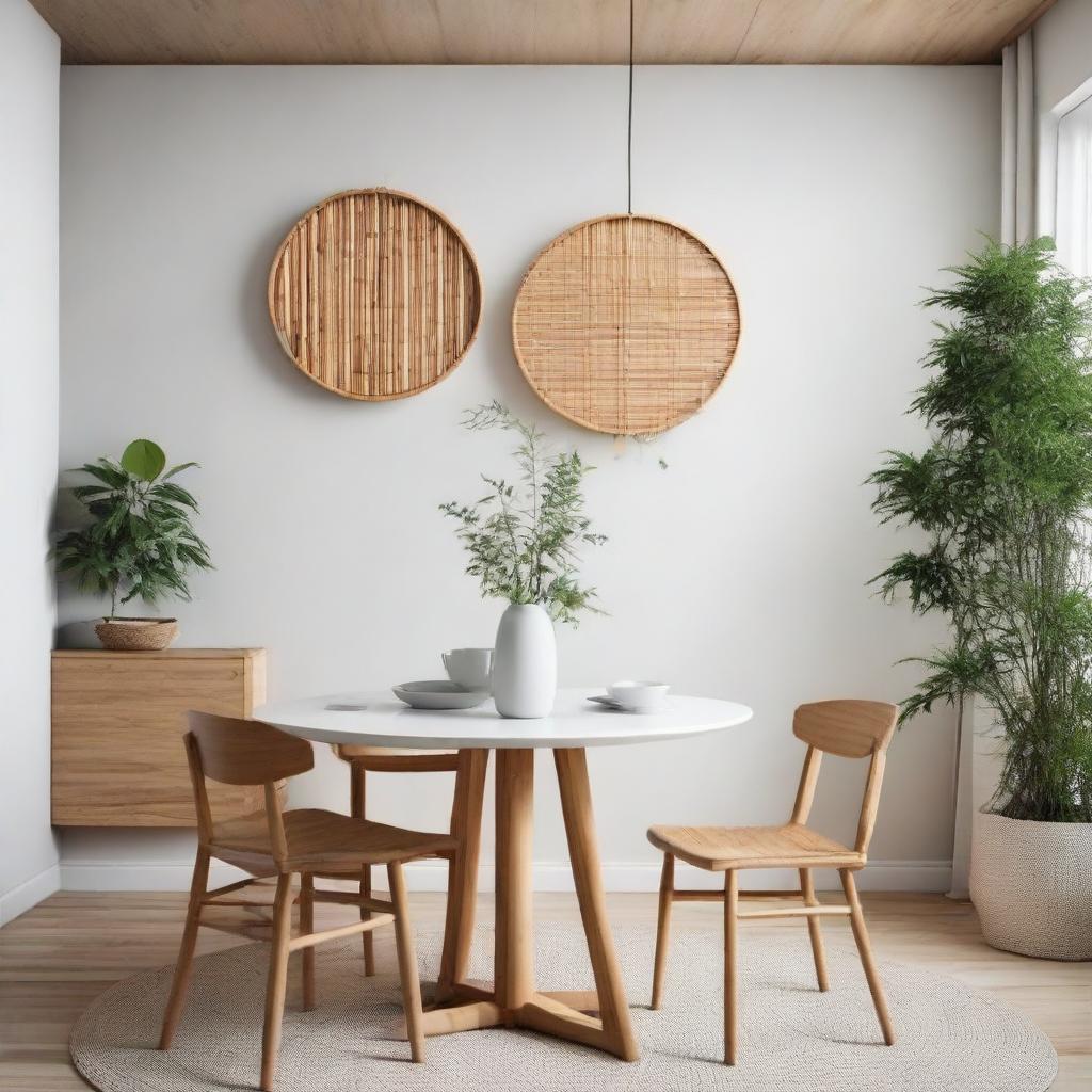 Circular bamboo wall art decor enhancing the aesthetic of a Scandinavian-style dining room