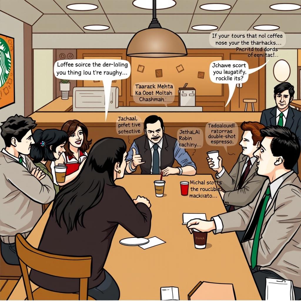 A lively coffee shop scene at Starbucks featuring beloved characters from 'Friends', 'Taarak Mehta Ka Ooltah Chashmah', 'How I Met Your Mother', and 'The Office'