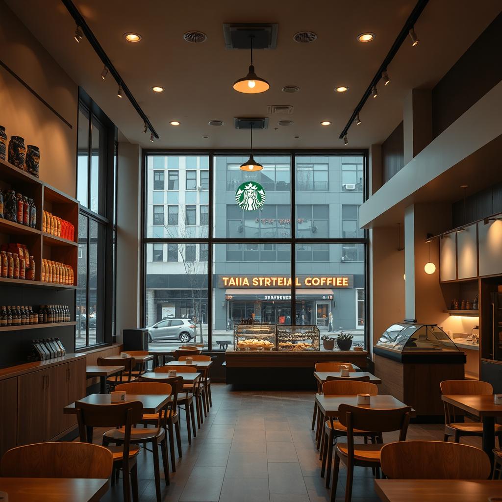 An empty Starbucks interior, featuring modern and cozy design elements