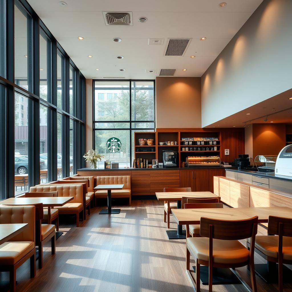 An empty Starbucks interior, showcasing a warm and inviting atmosphere