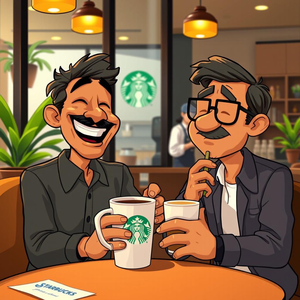 A vibrant scene depicting two animated characters reminiscent of Jethalal and Bhide, sitting at a stylish Starbucks café