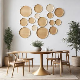 Circular bamboo wall art decor enhancing the aesthetic of a Scandinavian-style dining room