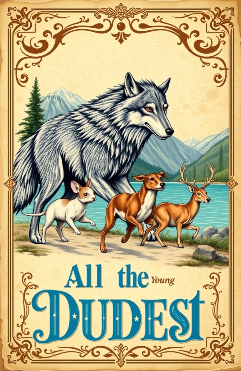 A vintage book cover for 'All the Young Dudes 1', featuring a large, majestic wolf, a small mouse, a dog, and a deer running in front of a bright cerulean lake