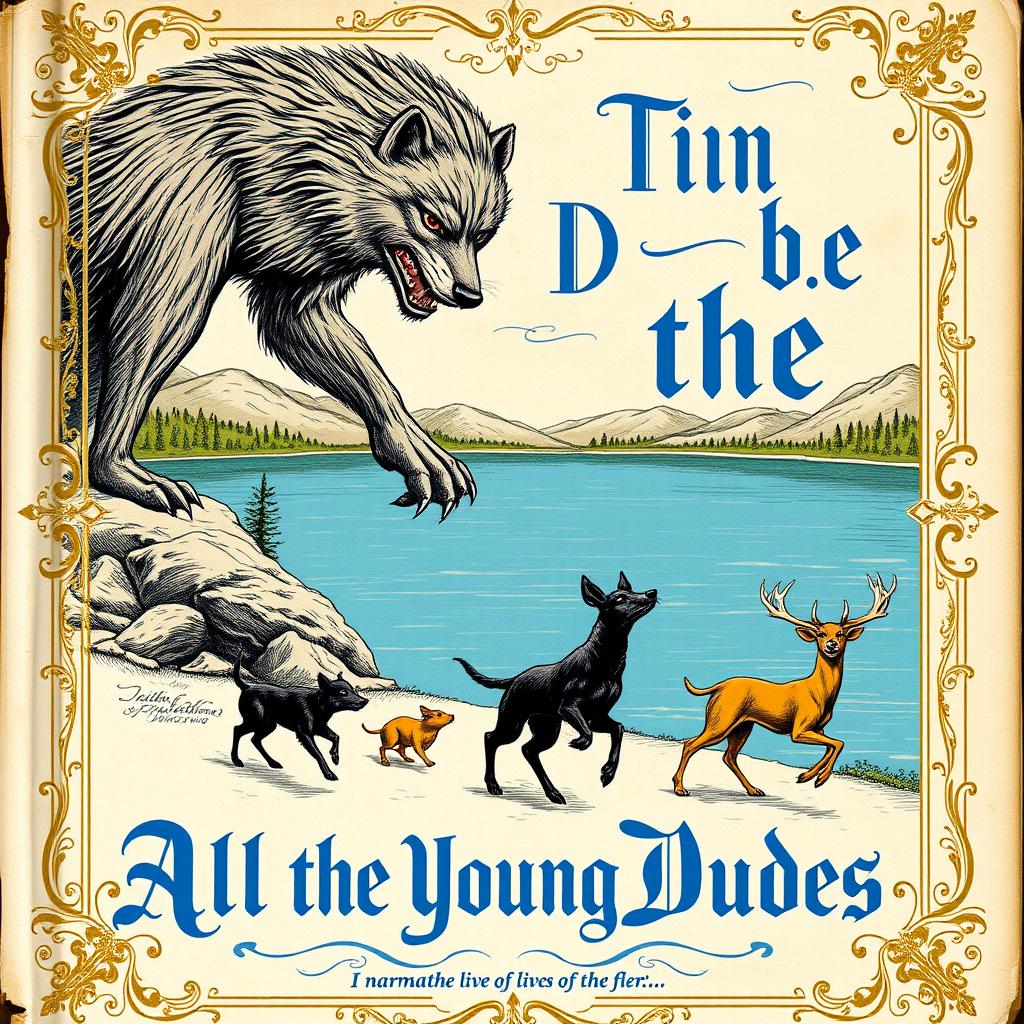 A vintage book cover for 'All the Young Dudes 1', featuring a large werewolf towering above, a tiny mouse, a black dog, and a deer all running in front of a bright cerulean lake