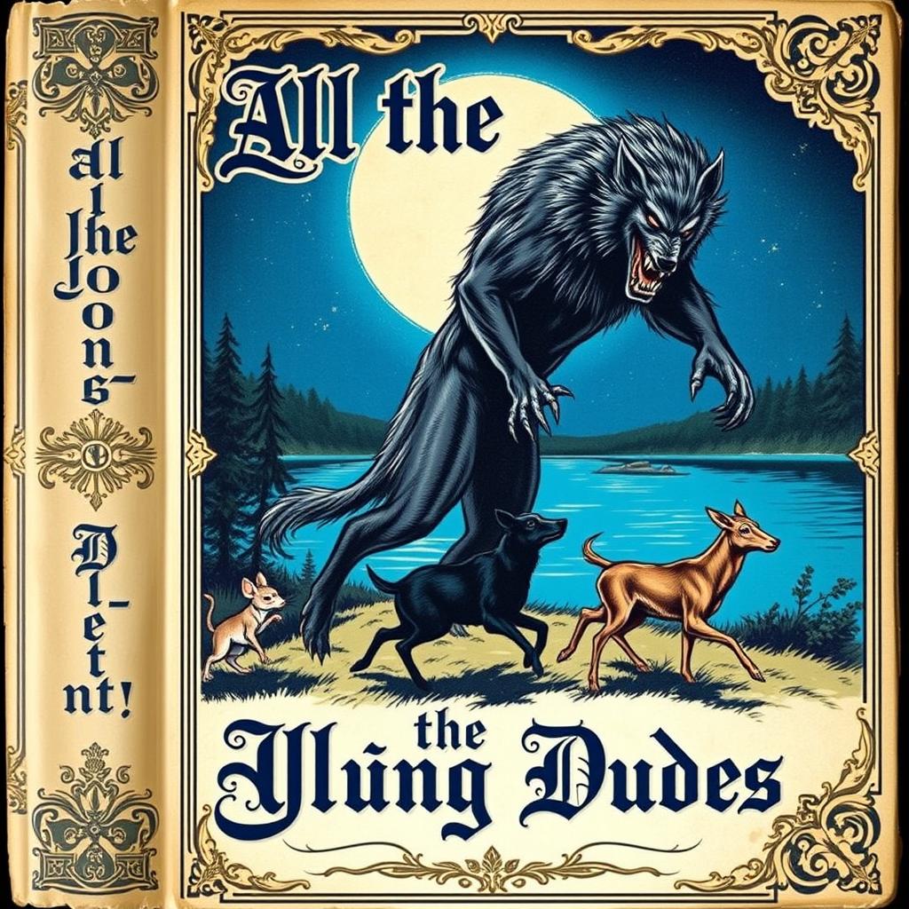 A vintage book cover for 'All the Young Dudes 1', set at night, featuring a large werewolf towering above a tiny mouse, a black dog, and a deer all running in front of a bright cerulean lake