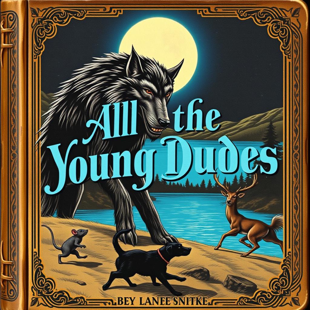 A vintage book cover for 'All the Young Dudes 1', designed at night, featuring a large werewolf dominating the scene, alongside a small gray mouse, a black dog, and a deer running in front of a bright cerulean lake