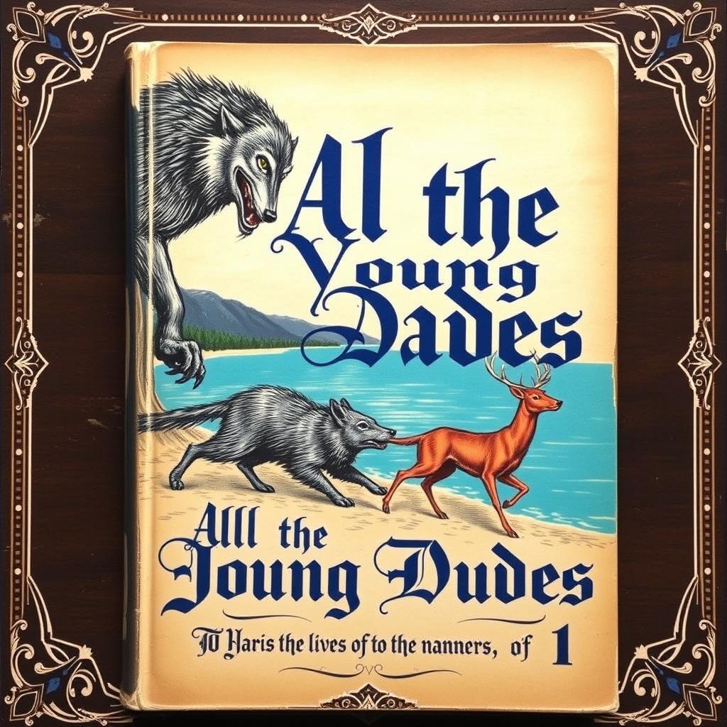 A vintage book cover for 'All the Young Dudes 1', set at night, featuring a large werewolf towering over a small gray mouse, a black dog, and a deer all running in front of a bright cerulean lake