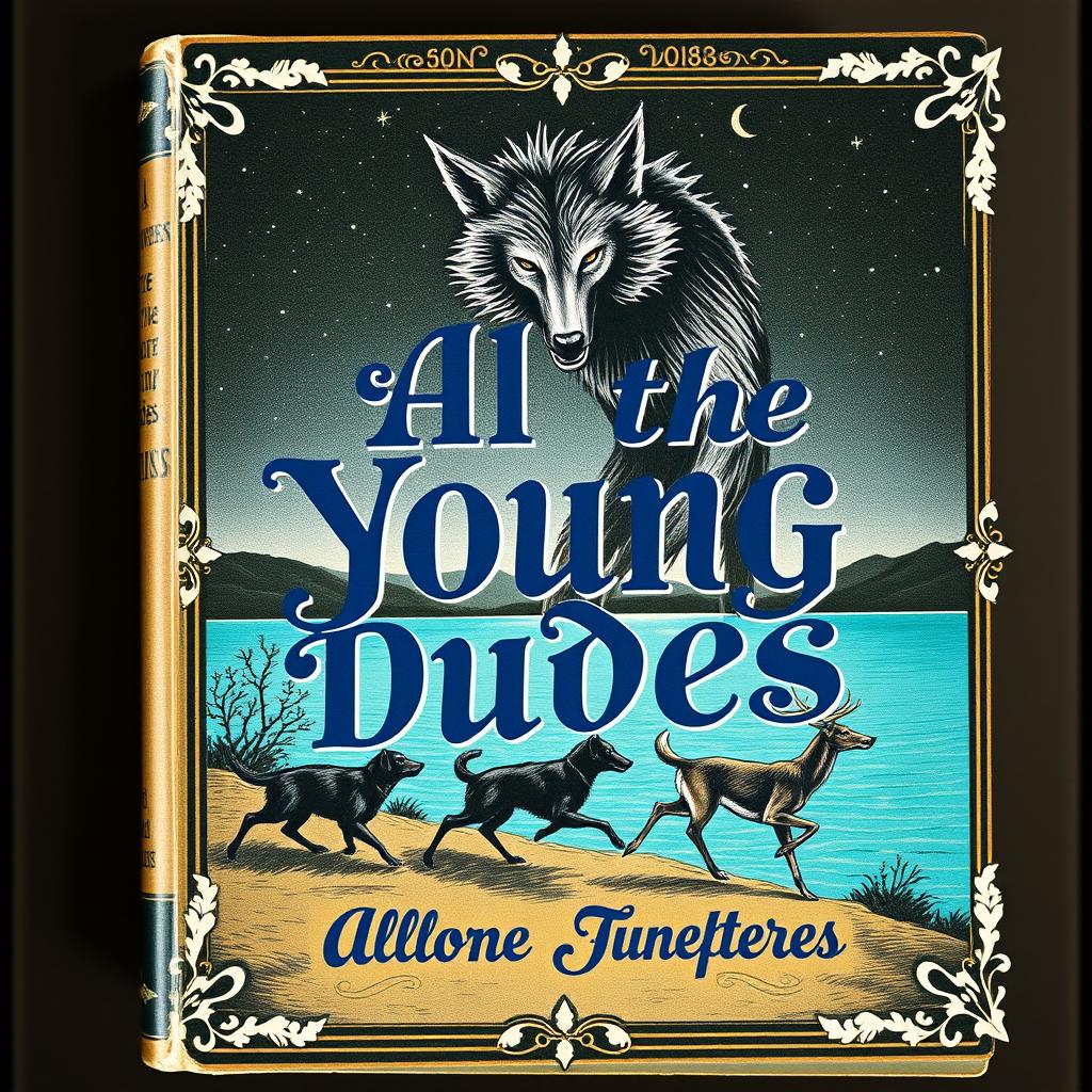 A vintage book cover for 'All the Young Dudes 1', designed at night, showcasing a large werewolf towering over a small gray mouse, a black dog, and a deer running in front of a bright cerulean lake