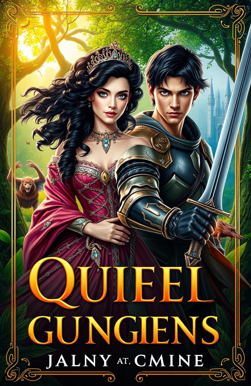 A stunning fantasy book cover featuring two central characters: a regal queen with beautiful black, curly hair, wearing an intricate, flowing gown adorned with shimmering jewels, and a fierce warrior with dark hair, striking blue eyes, clad in formidable armor and holding a sword, poised for battle