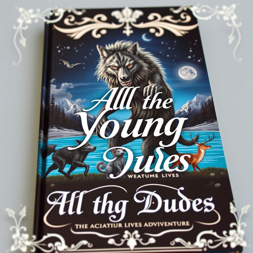 A captivating book cover for 'All the Young Dudes 1', set during the night, featuring a prominent and towering werewolf, accompanied by a small gray mouse, a black dog, and a deer all running in front of a bright cerulean lake