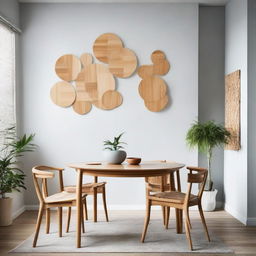 Circular bamboo wall art decor enhancing the aesthetic of a Scandinavian-style dining room