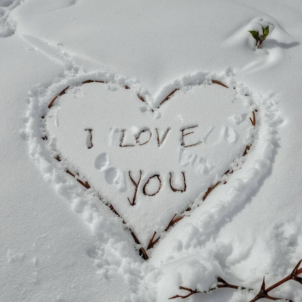 A snowy scene featuring a heart shape outlined in the snow