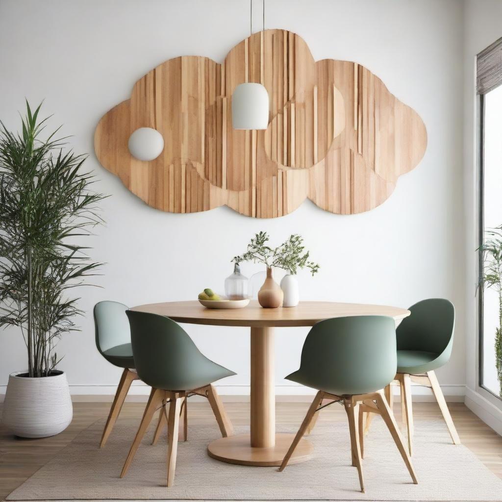 Circular bamboo wall art decor enhancing the aesthetic of a Scandinavian-style dining room