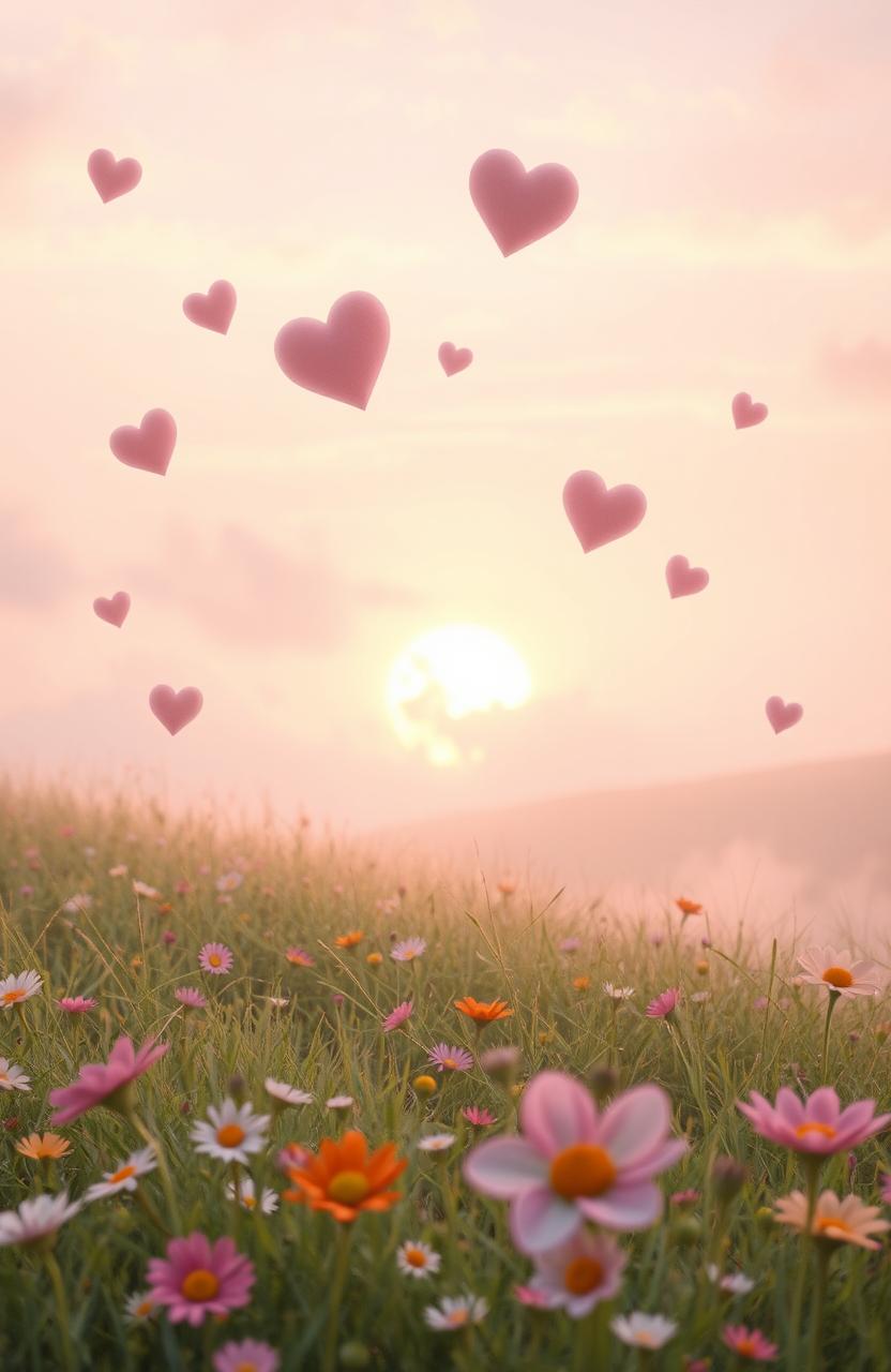 An ethereal scene depicting a soft and whimsical atmosphere filled with floating hearts and gentle clouds