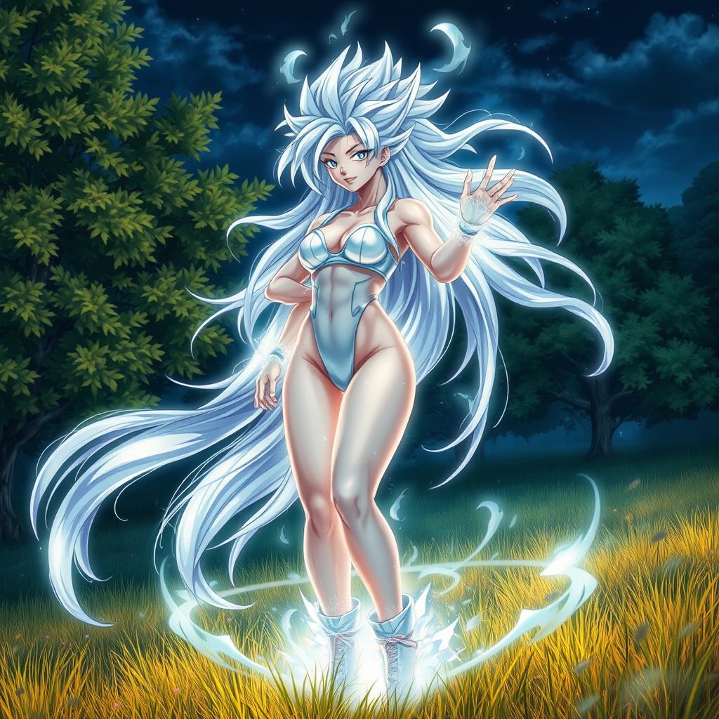 A stunning depiction of a female character inspired by Broly in an Ultra Instinct form, surrounded by an ethereal aura