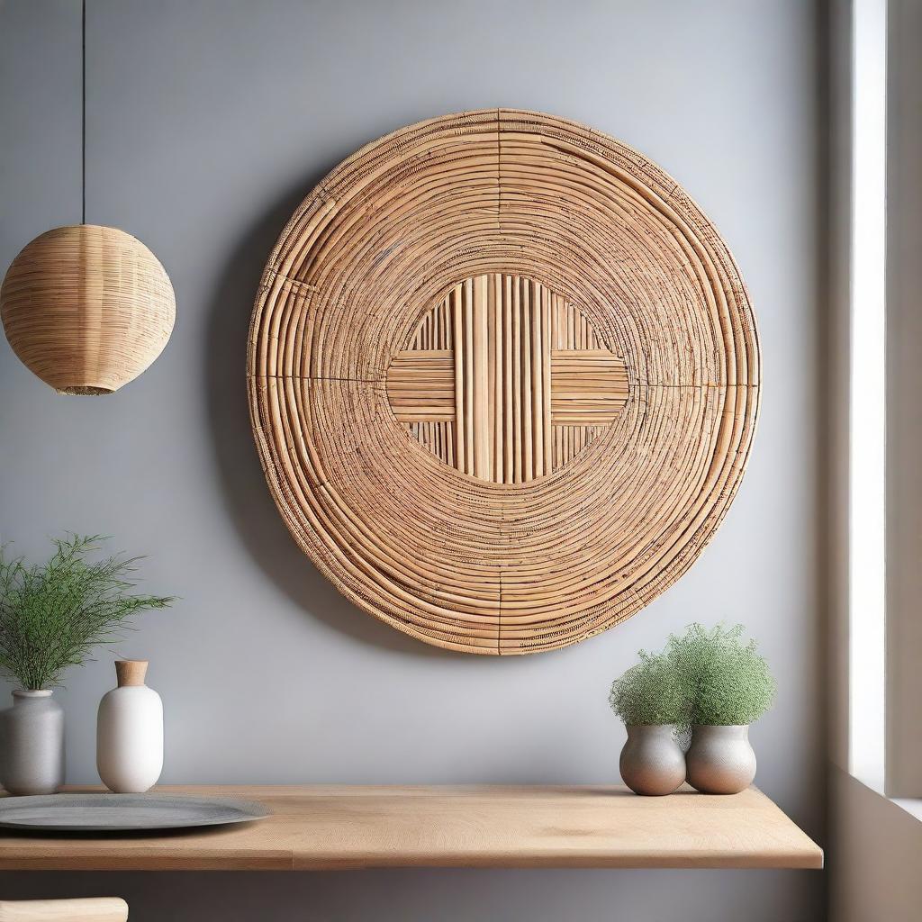 Detailed circular bamboo wall art decor, with rich texture, enhancing the aesthetic of a Scandinavian-style dining room